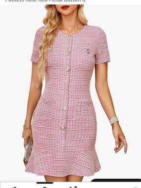 Grace Karin Pink Tweed Short Sleeve Dress with Gold Buttons
